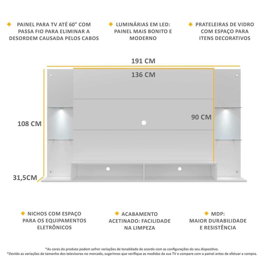 Painel TV 60" com 2 Leds e Prateleiras de Vidro Vegas Multimóveis Branco
