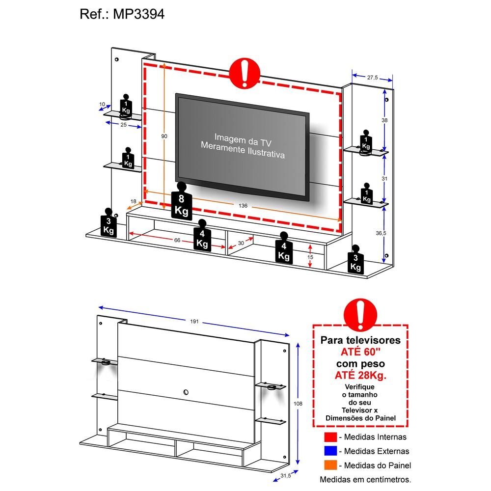 Painel TV 60" com 2 Leds e Prateleiras de Vidro Vegas Multimóveis Branco