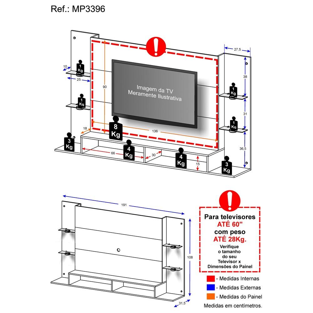 Painel TV 60" com 4 Leds e Prateleiras de Vidro Vegas Multimóveis Madeirado