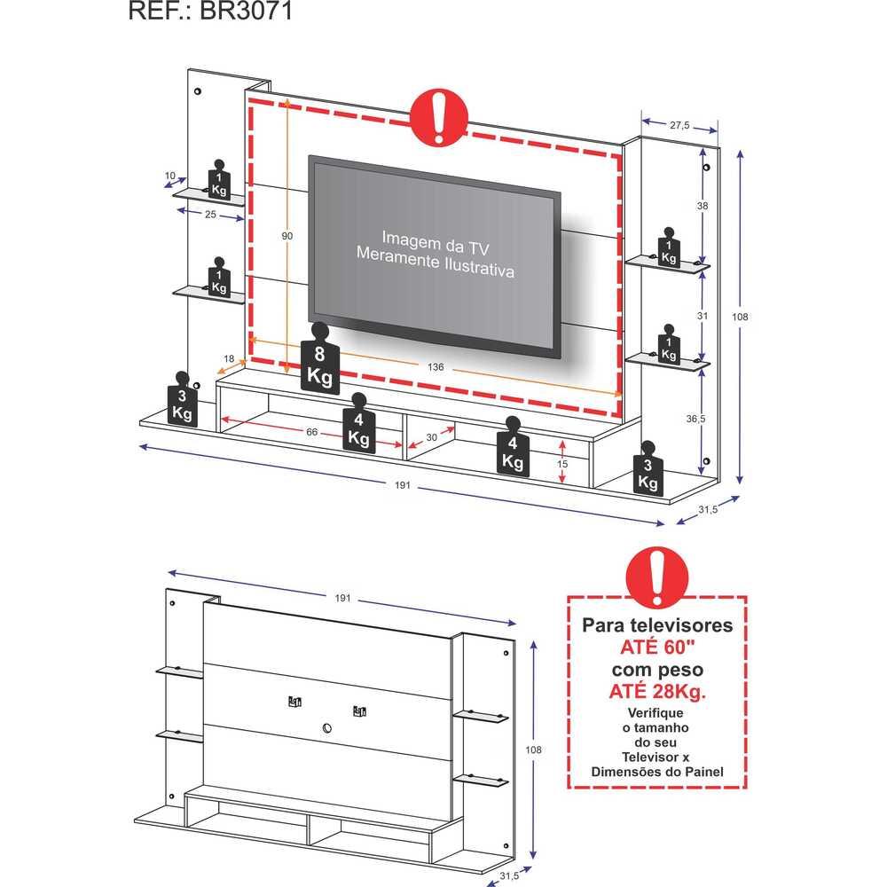 Painel TV 60" com Suporte e Prateleiras de Vidro Brasil Multimóveis BR3071 Branco