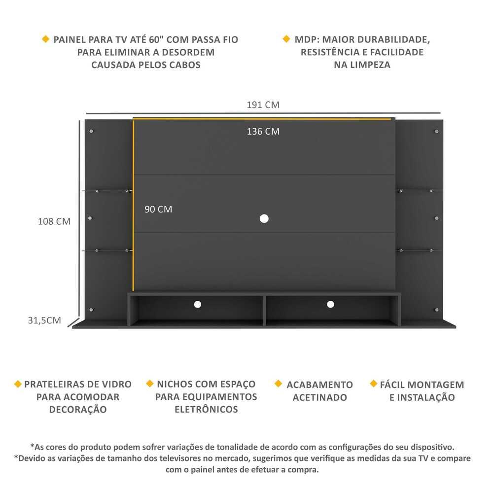 Painel TV 60" com prateleiras de vidro Brasil Multimóveis BR2739 Preto