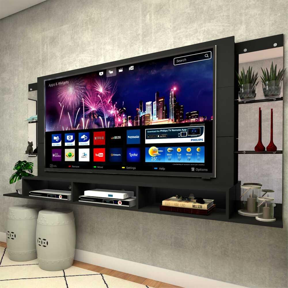 Painel TV 65" c/ Espelho e Prateleiras de Vidro Nairóbi Plus Multimóveis Preto