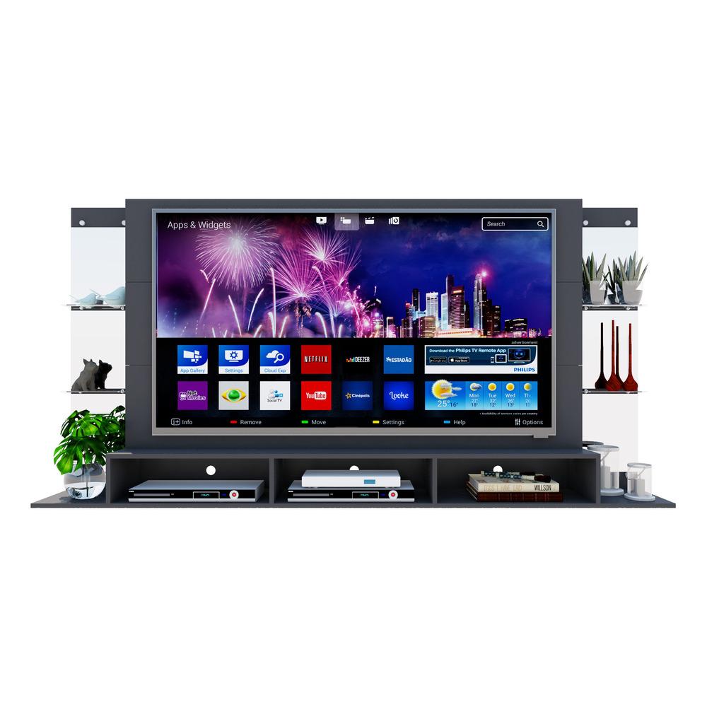 Painel TV 65" c/ Espelho e Prateleiras de Vidro Nairóbi Plus Multimóveis Preto