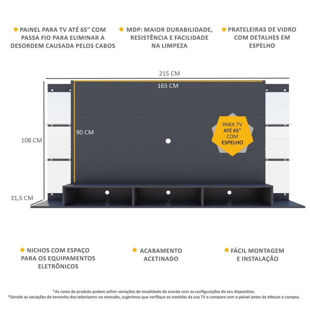 Painel TV 65" c/ Espelho e Prateleiras de Vidro Nairóbi Plus Multimóveis Preto