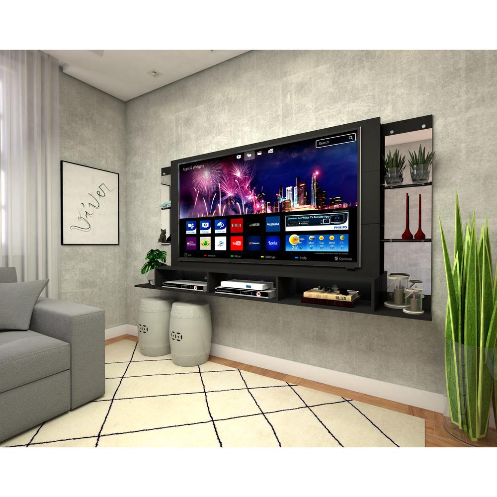 Painel TV 65" c/ Espelho e Prateleiras de Vidro Nairóbi Plus Multimóveis Preto