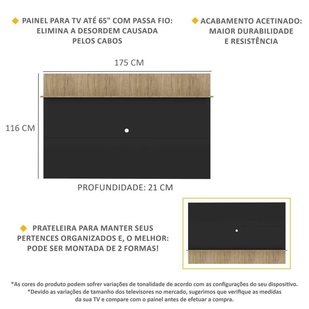 Painel TV 65" c/ Prateleira Amsterdã Plus Multimóveis Preto/Rustic