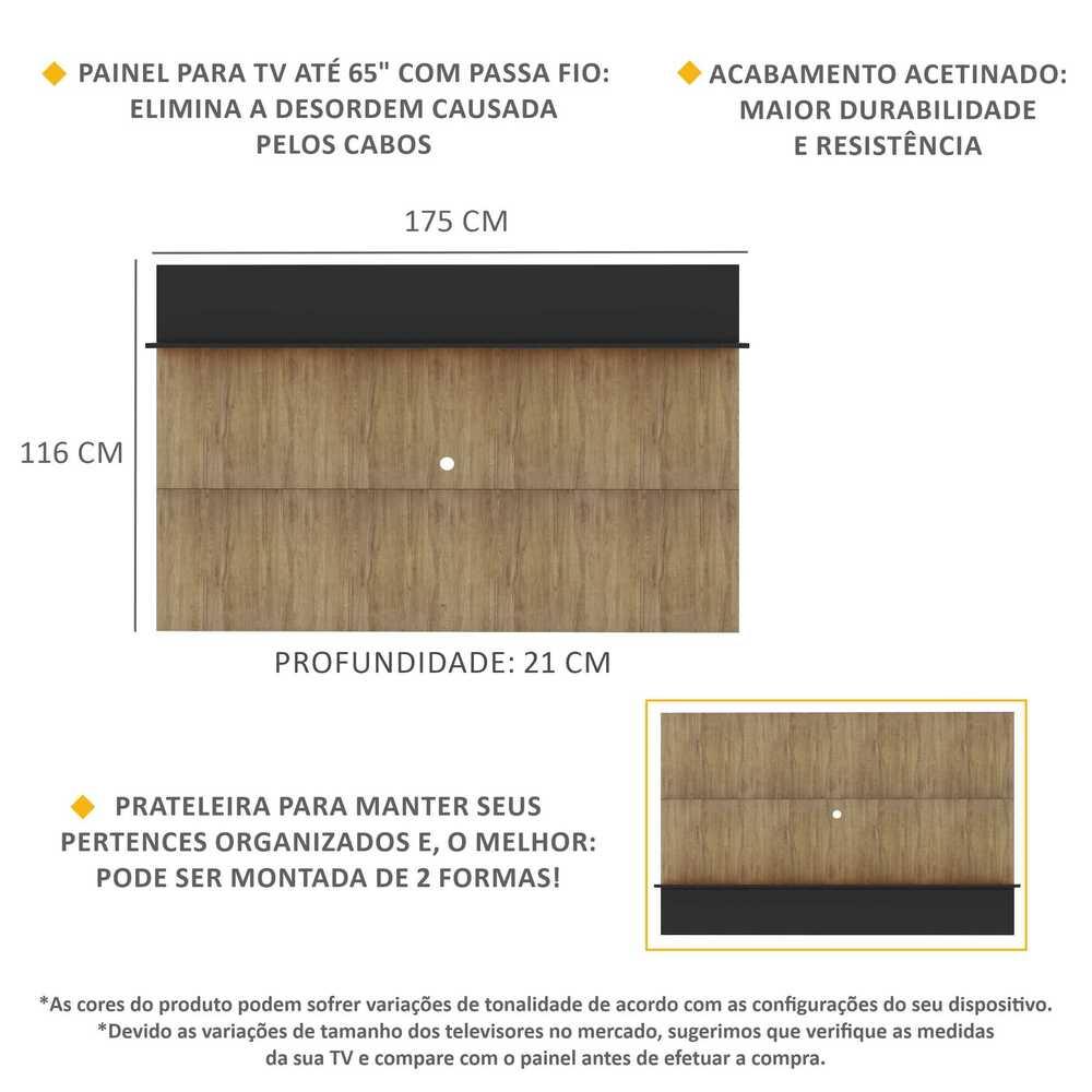 Painel TV 65" c/ Prateleira Amsterdã Plus Multimóveis Rustic/Preto