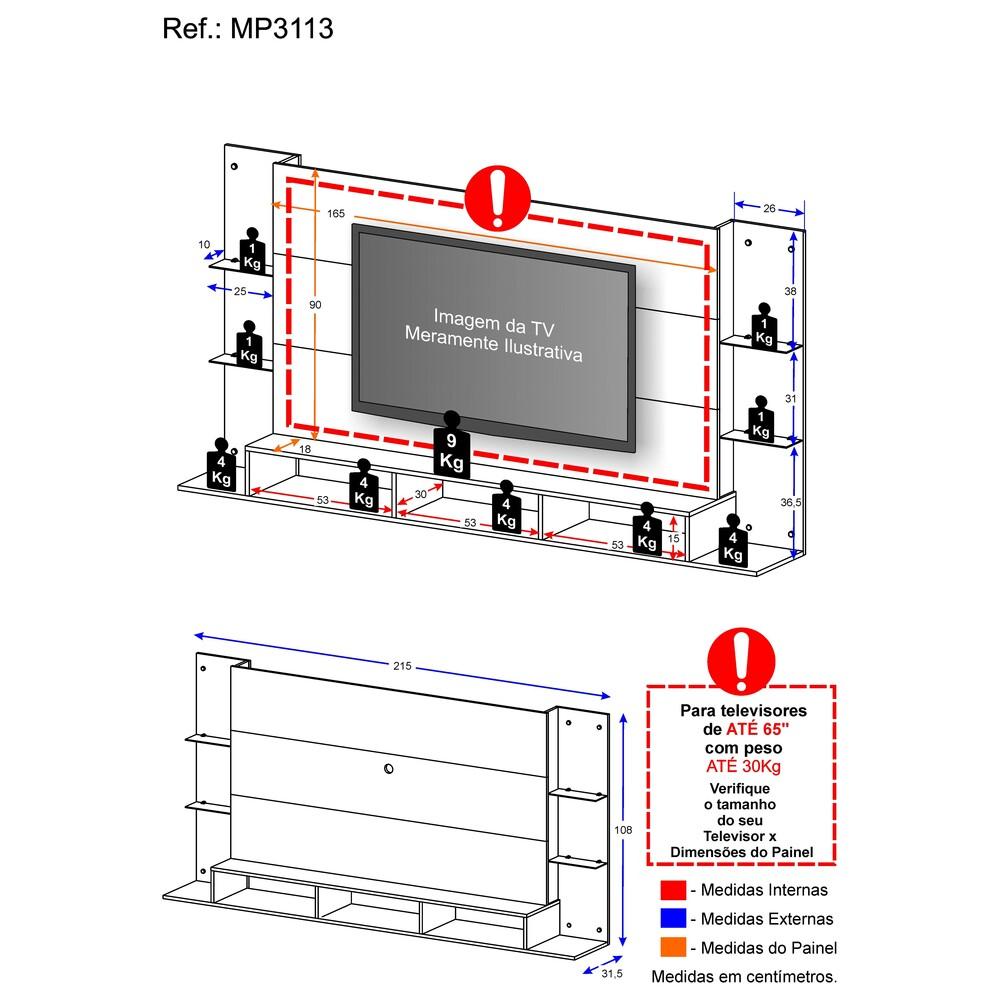 Painel TV 65" c/ Prateleiras de Vidro Nairóbi Plus Multimóveis Branco