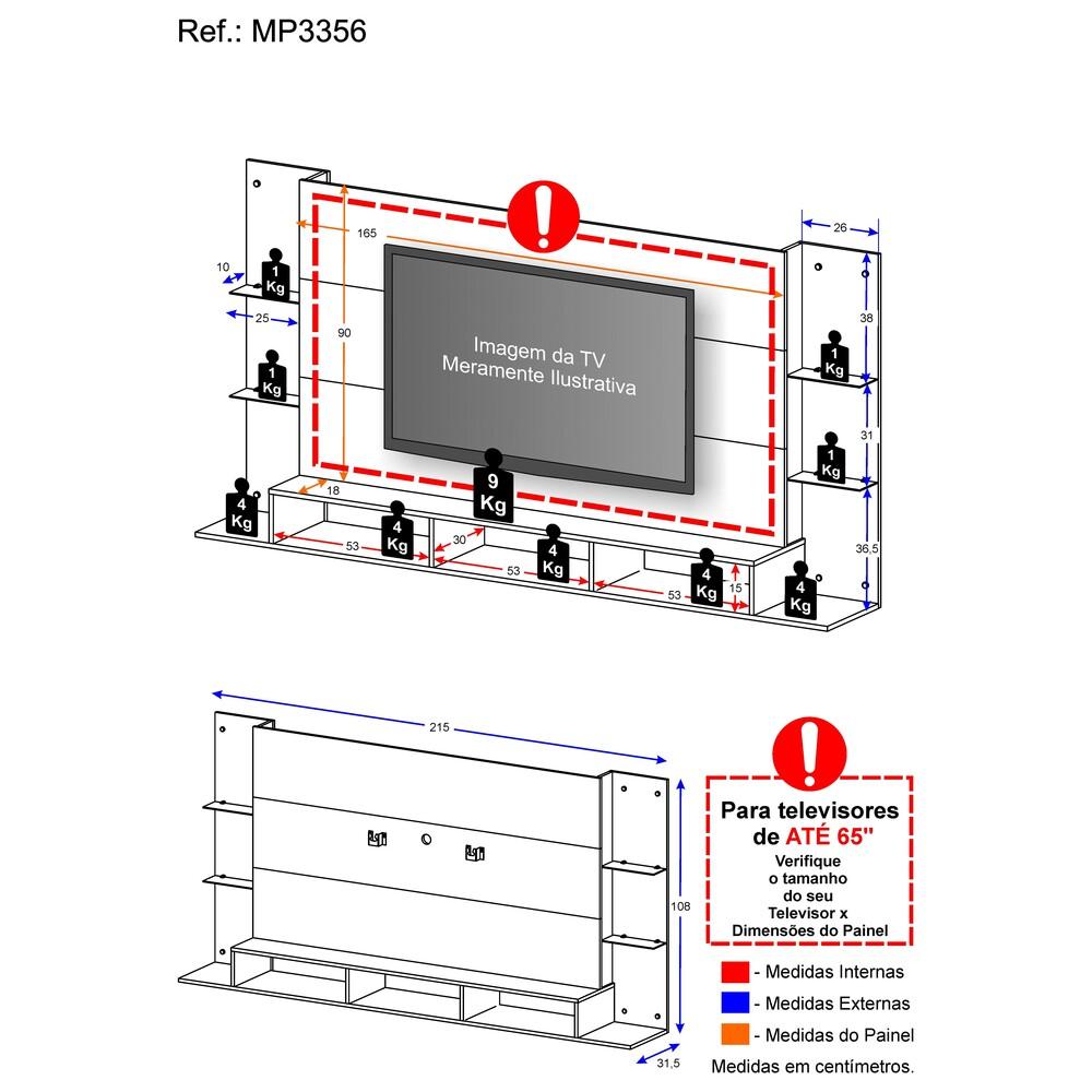 Painel TV 65" c/ Suporte e Prateleiras de Vidro Nairóbi Plus Multimóveis Branco