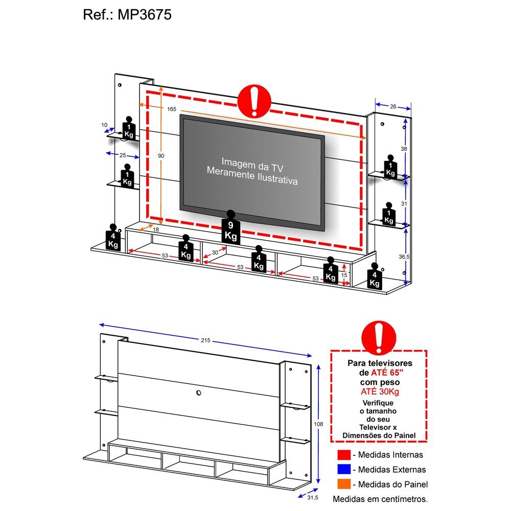 Painel TV 65" com 2 Leds e Prateleiras de Vidro Vegas Premium Multimóveis Branco