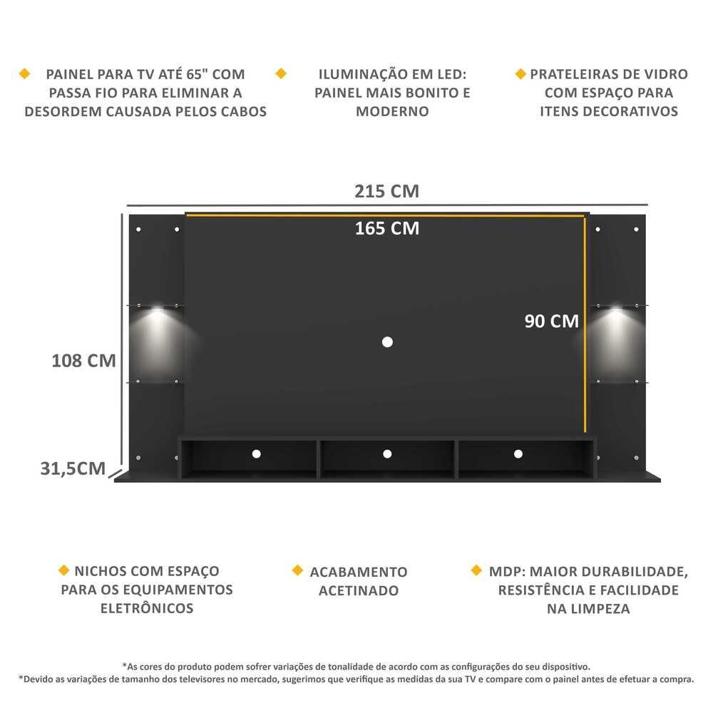 Painel TV 65" com 2 Leds e Prateleiras de Vidro Vegas Premium Multimóveis Preto