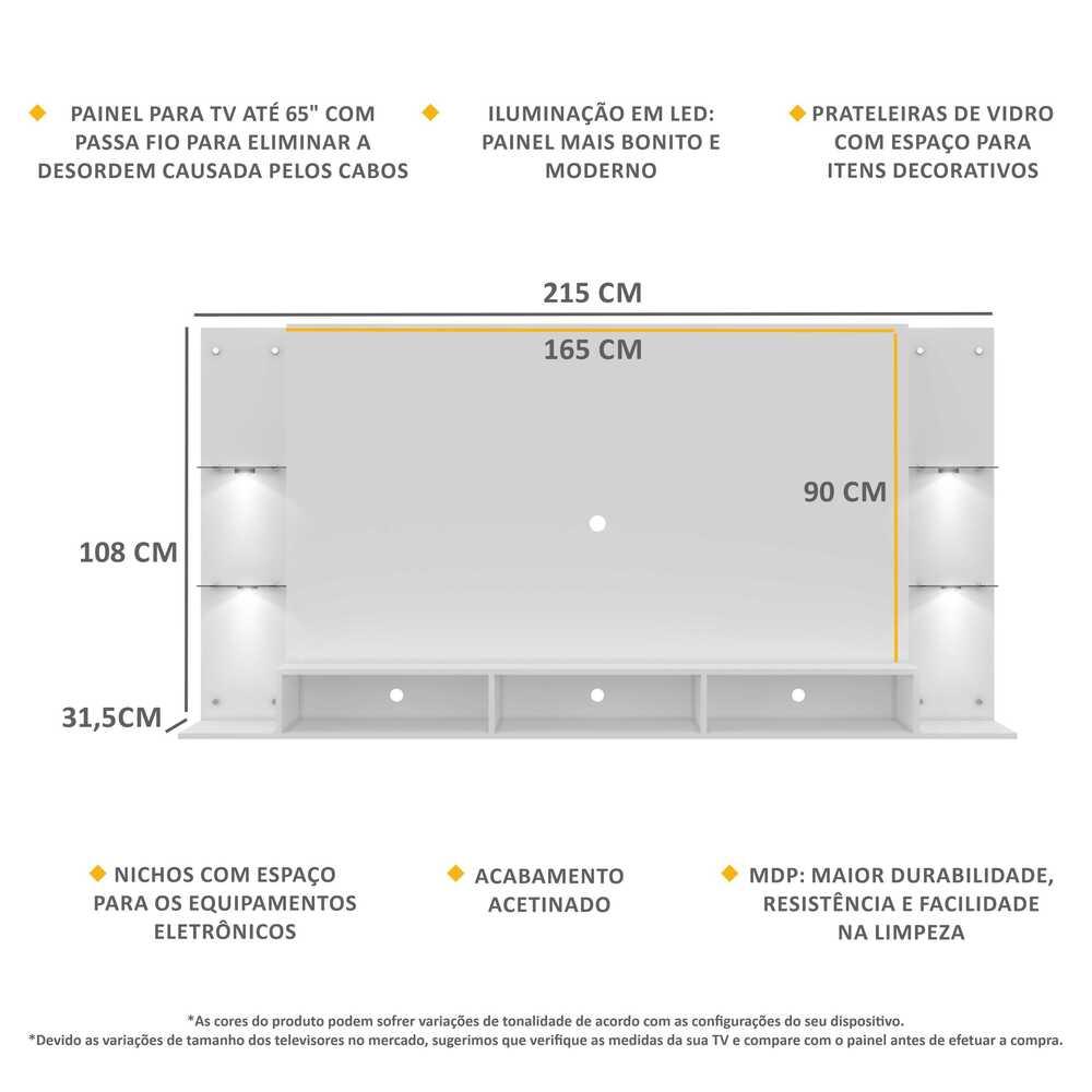 Painel TV 65" com 4 Leds e Prateleiras de Vidro Vegas Premium Multimóveis Branco