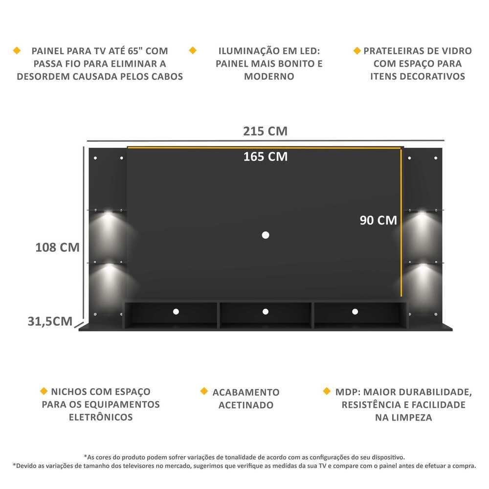Painel TV 65" com 4 Leds e Prateleiras de Vidro Vegas Premium Multimóveis Preto