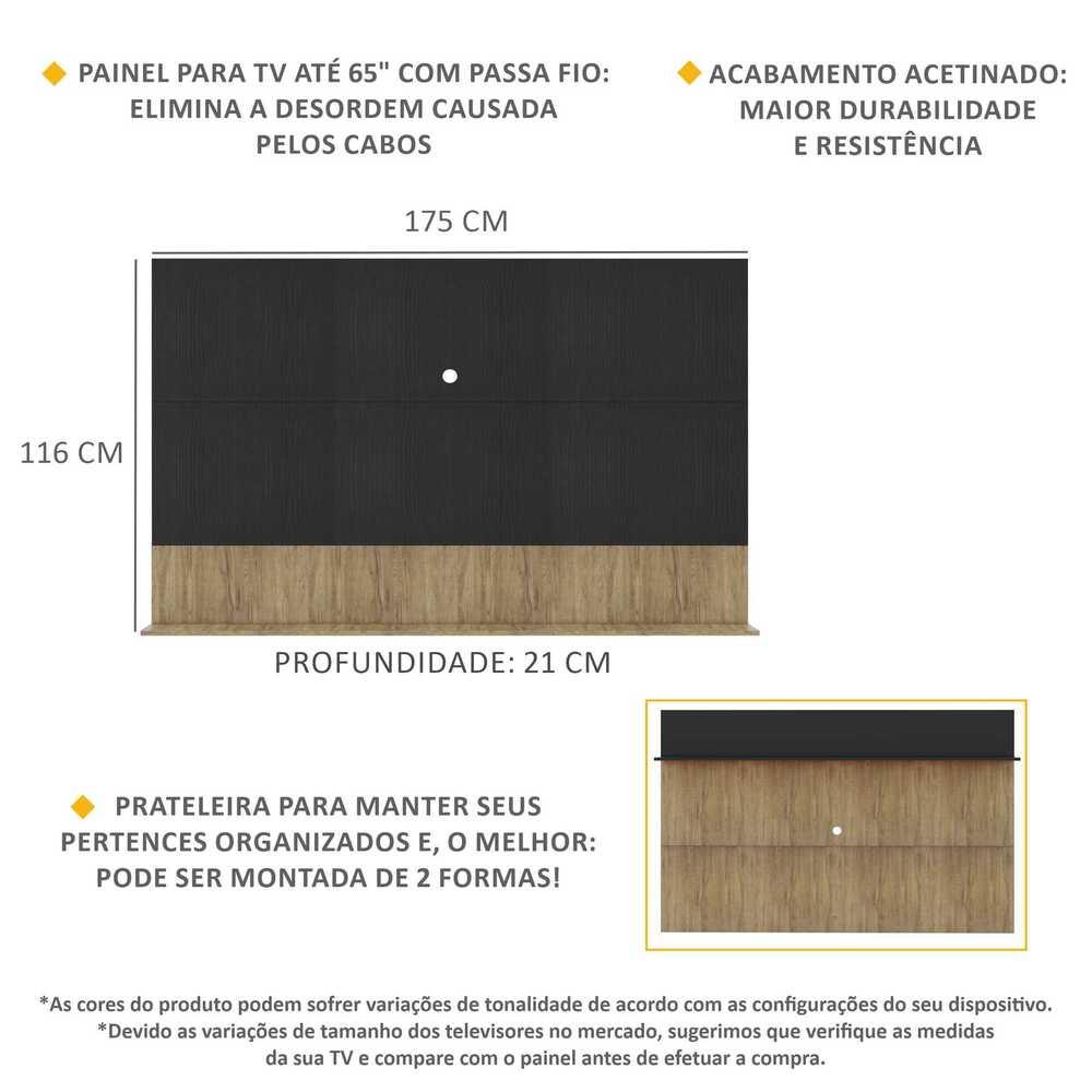 Painel TV 65" com Prateleira Amsterdã Up Multimóveis Preto/Rustic