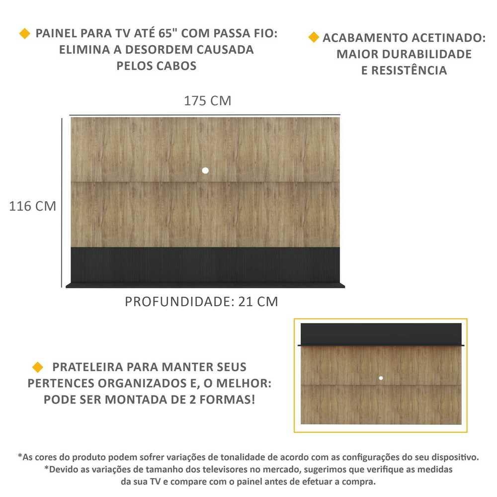 Painel TV 65" com Prateleira Amsterdã Up Multimóveis Rustic/Preto