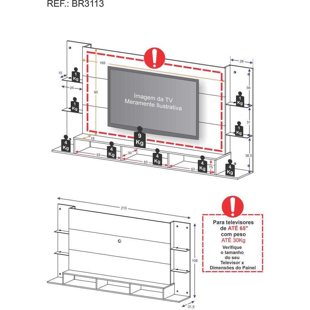 Painel TV 65" com Prateleiras de Vidro Brasil Plus Multimóveis BR3113 Branco