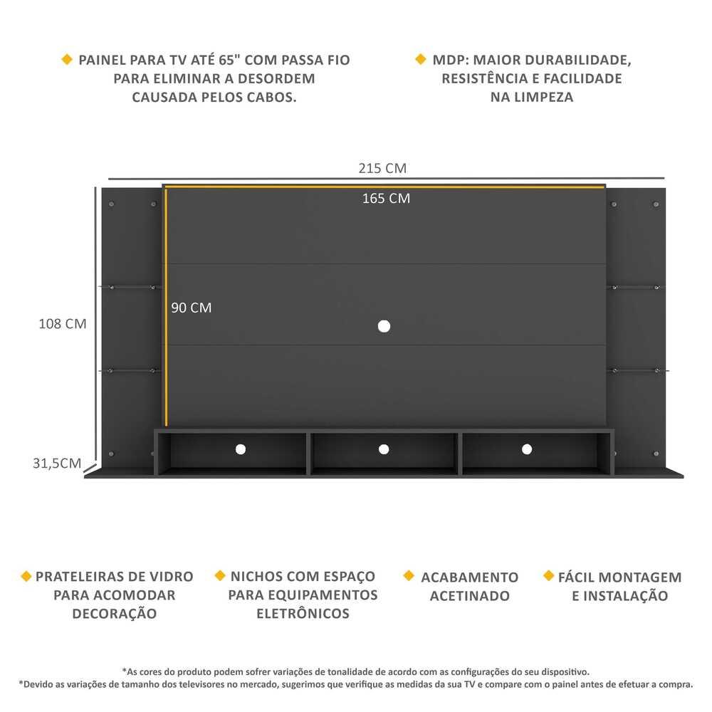 Painel TV 65" com Prateleiras de Vidro Brasil Plus Multimóveis BR3113 Preto