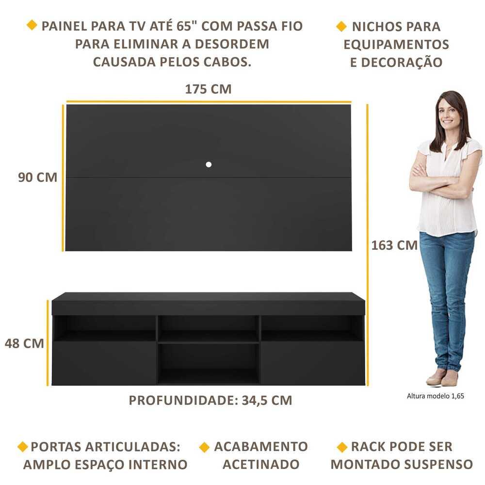 Painel TV até 65 polegadas com Rack Suspenso Flórida Multimóveis Preto
