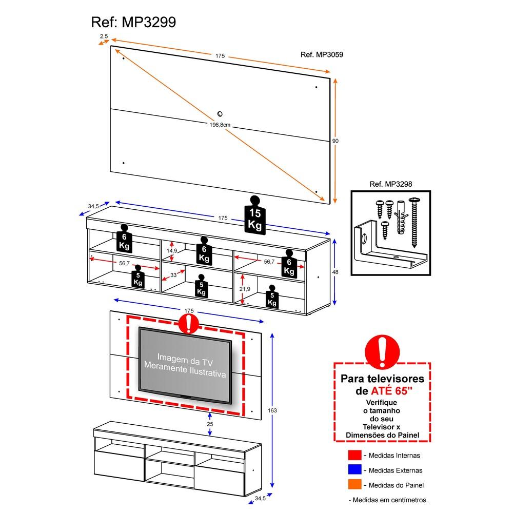 Painel TV até 65 polegadas com Rack Suspenso Flórida Multimóveis Preto