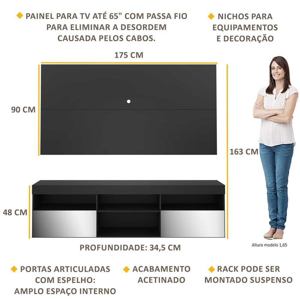 Painel TV até 65 polegadas com Rack Suspenso e Espelho Flórida Multimóveis Preto