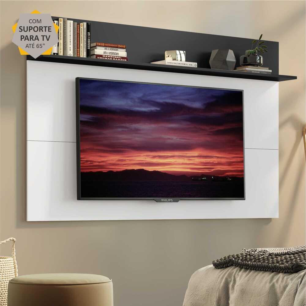 Painel c/ Suporte TV 65" e Prateleira Amsterdã Plus Multimóveis Branco/Preto