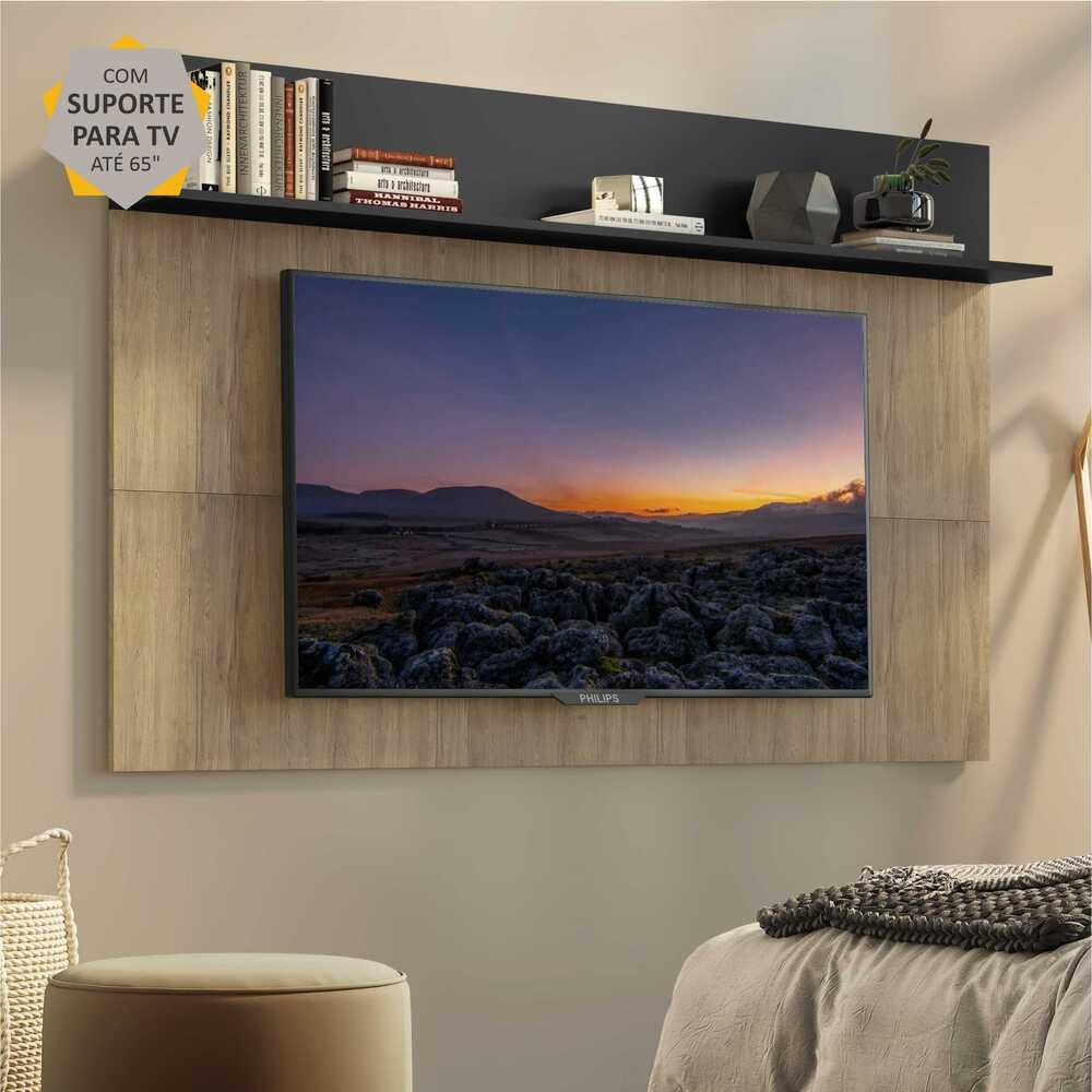 Painel c/ Suporte TV 65" e Prateleira Amsterdã Plus Multimóveis Rustic/Preto