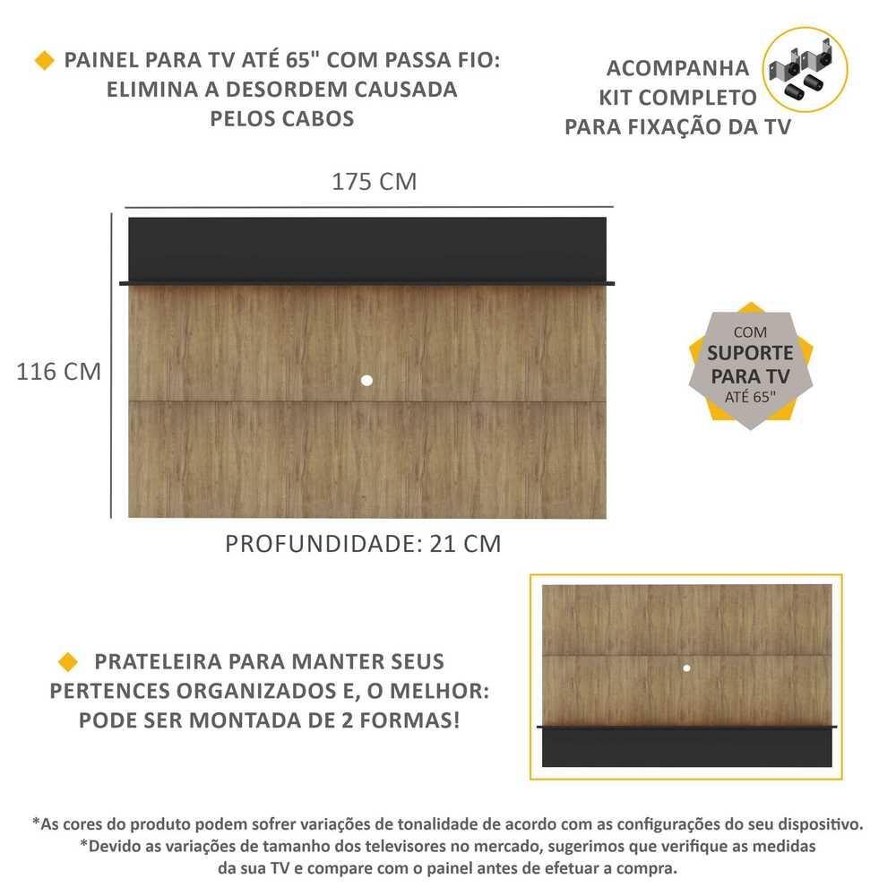 Painel c/ Suporte TV 65" e Prateleira Amsterdã Plus Multimóveis Rustic/Preto
