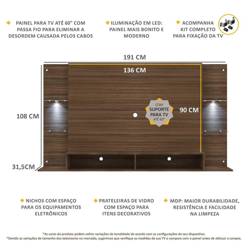 Painel com 2 Leds e Suporte para TV até 60" Multimóveis Vegas FG3677 Madeirado
