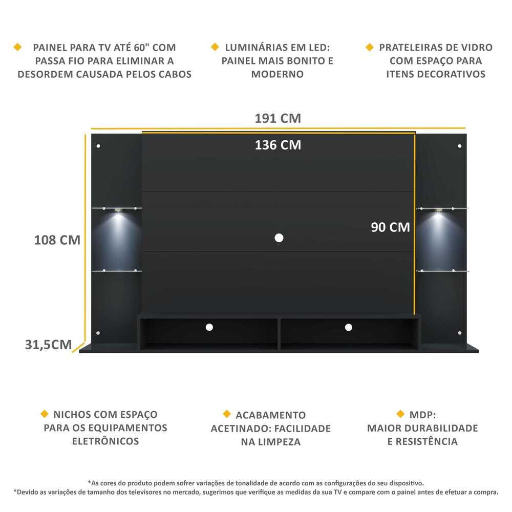 Painel com 2 Leds para TV até 60" Multimóveis Vegas FG3394 Preto