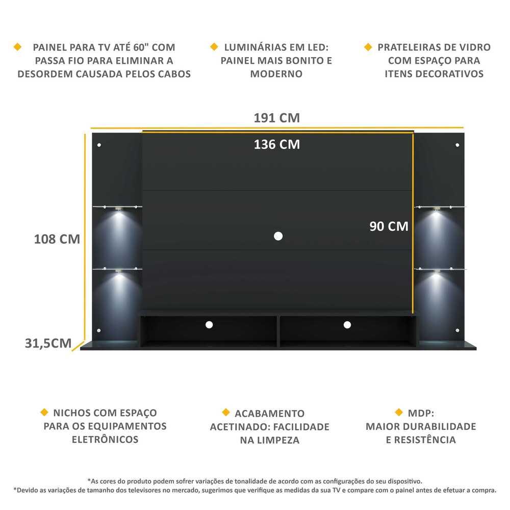 Painel com 4 Leds para TV até 60" Multimóveis Vegas FG3396 Preto