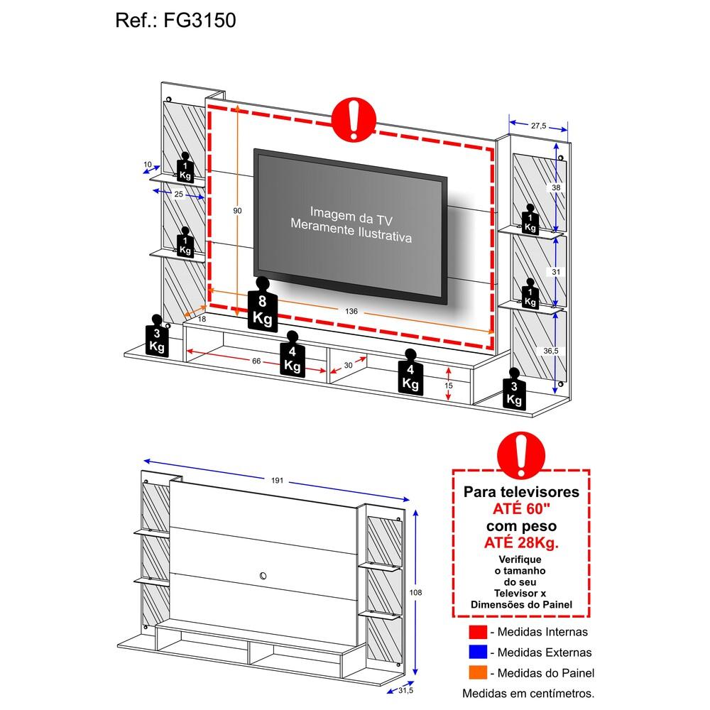 Painel com Espelho para TV até 60" Multimóveis Nairóbi FG3150 Preto