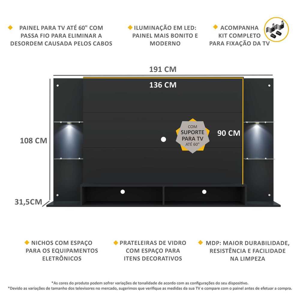 Painel com Suporte TV 60" e 2 Leds Prateleiras de Vidro Vegas Multimóveis Preto