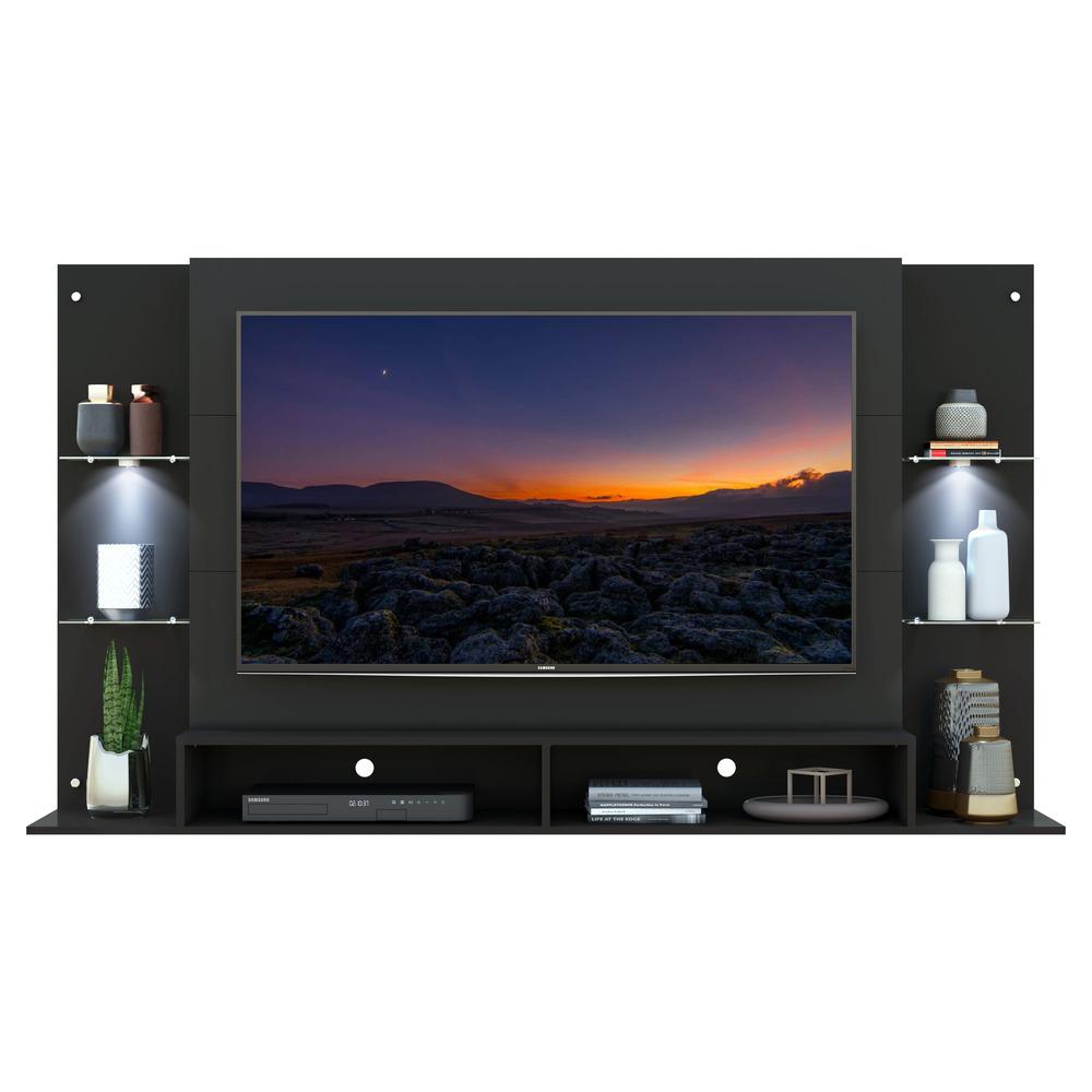 Painel com Suporte TV 60" e 2 Leds Prateleiras de Vidro Vegas Multimóveis Preto
