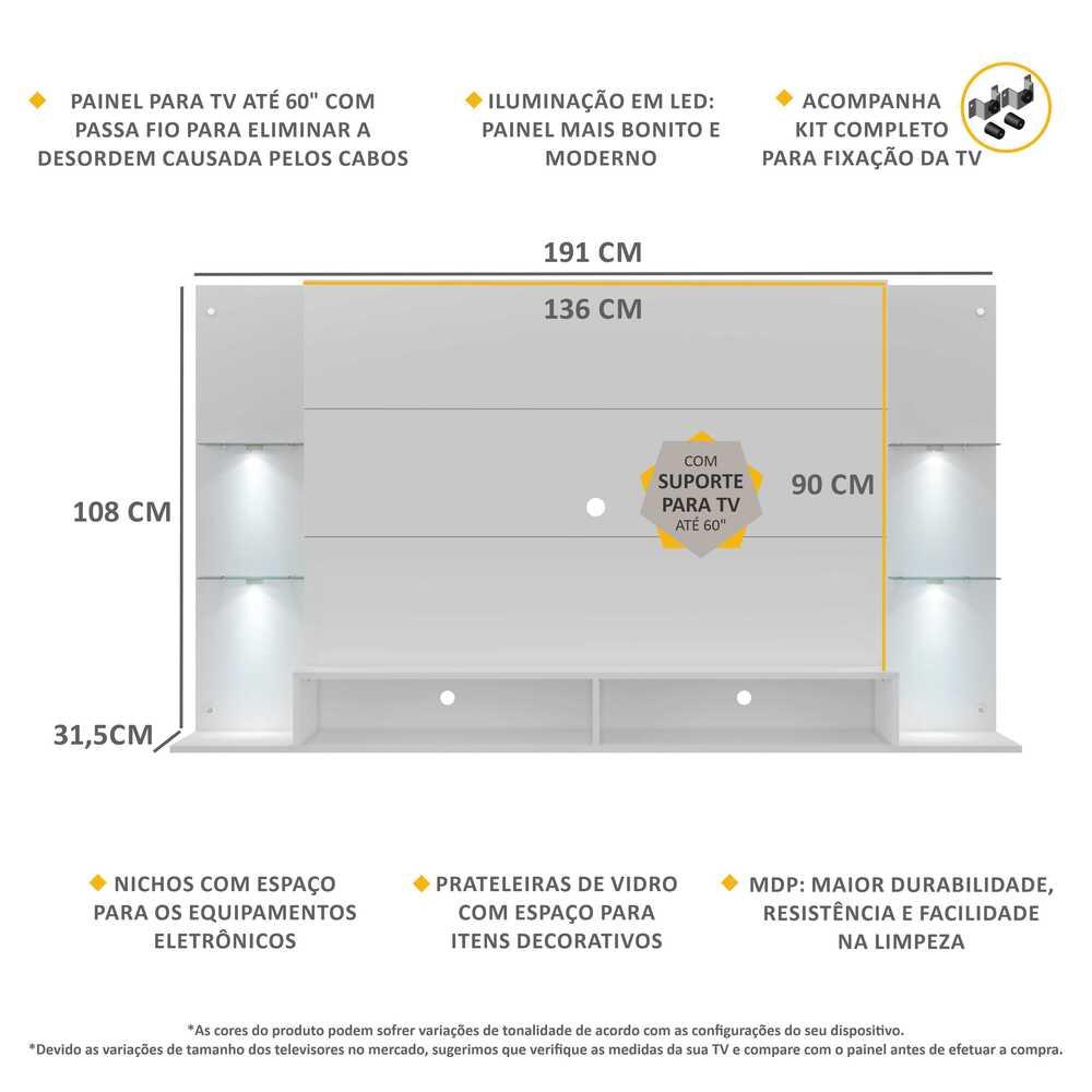 Painel com Suporte TV 60" e 4 Leds Prateleiras de Vidro Vegas Multimóveis Branco