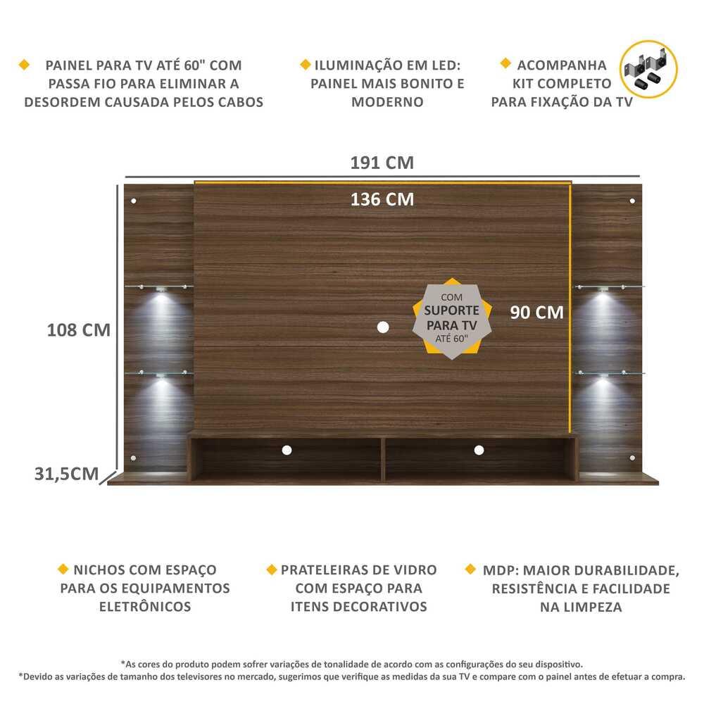 Painel com Suporte TV 60" e 4 Leds Prateleiras de Vidro Vegas Multimóveis Madeirado