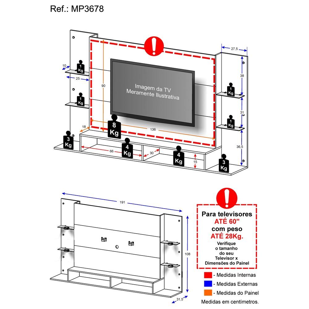Painel com Suporte TV 60" e 4 Leds Prateleiras de Vidro Vegas Multimóveis Madeirado