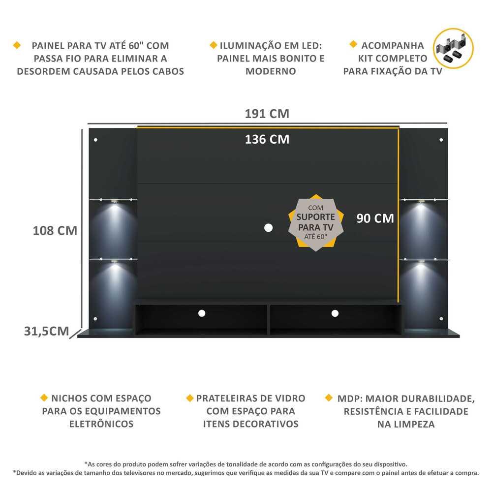 Painel com Suporte TV 60" e 4 Leds Prateleiras de Vidro Vegas Multimóveis Preto
