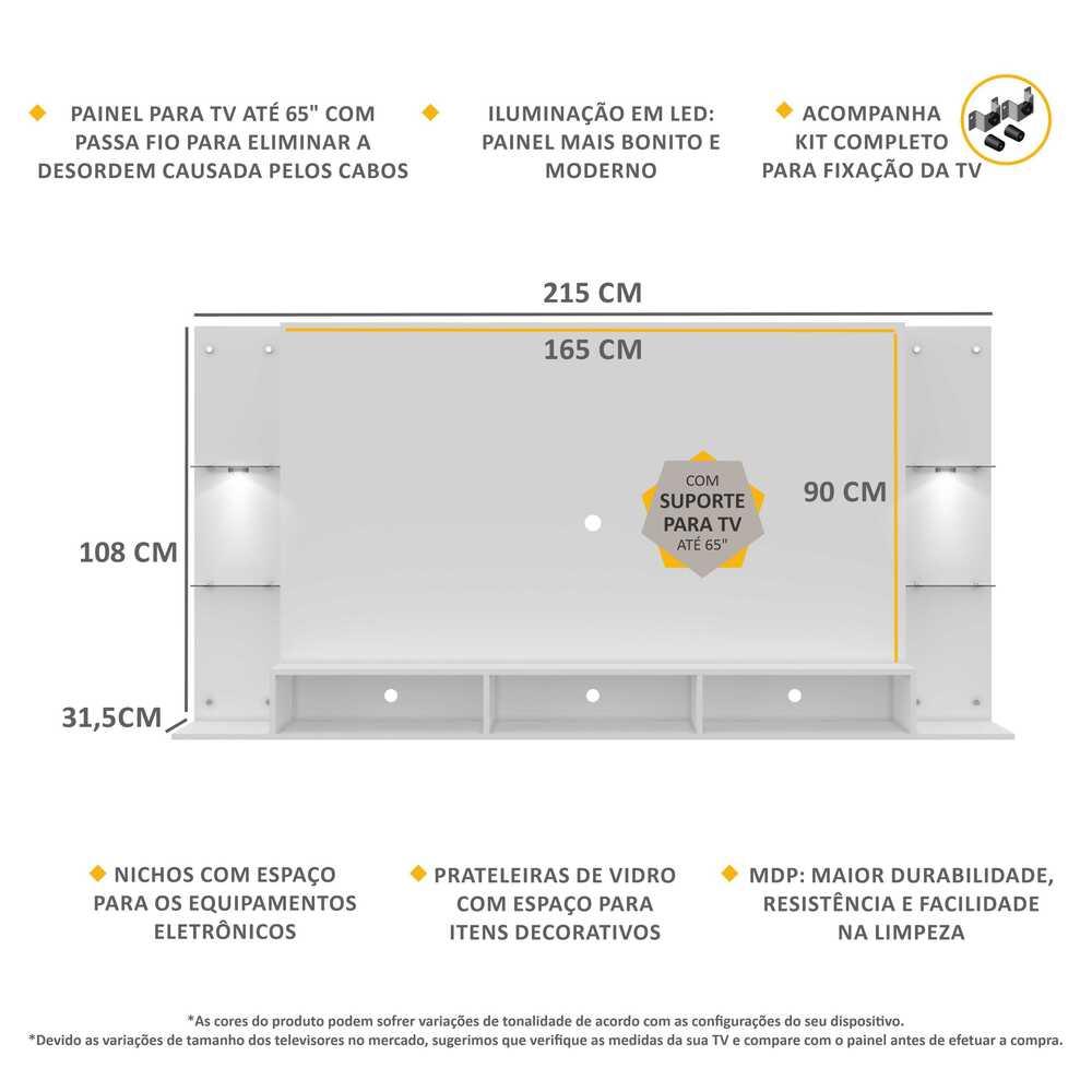 Painel com Suporte TV 65" e 2 Leds Vegas Premium Multimóveis Branco