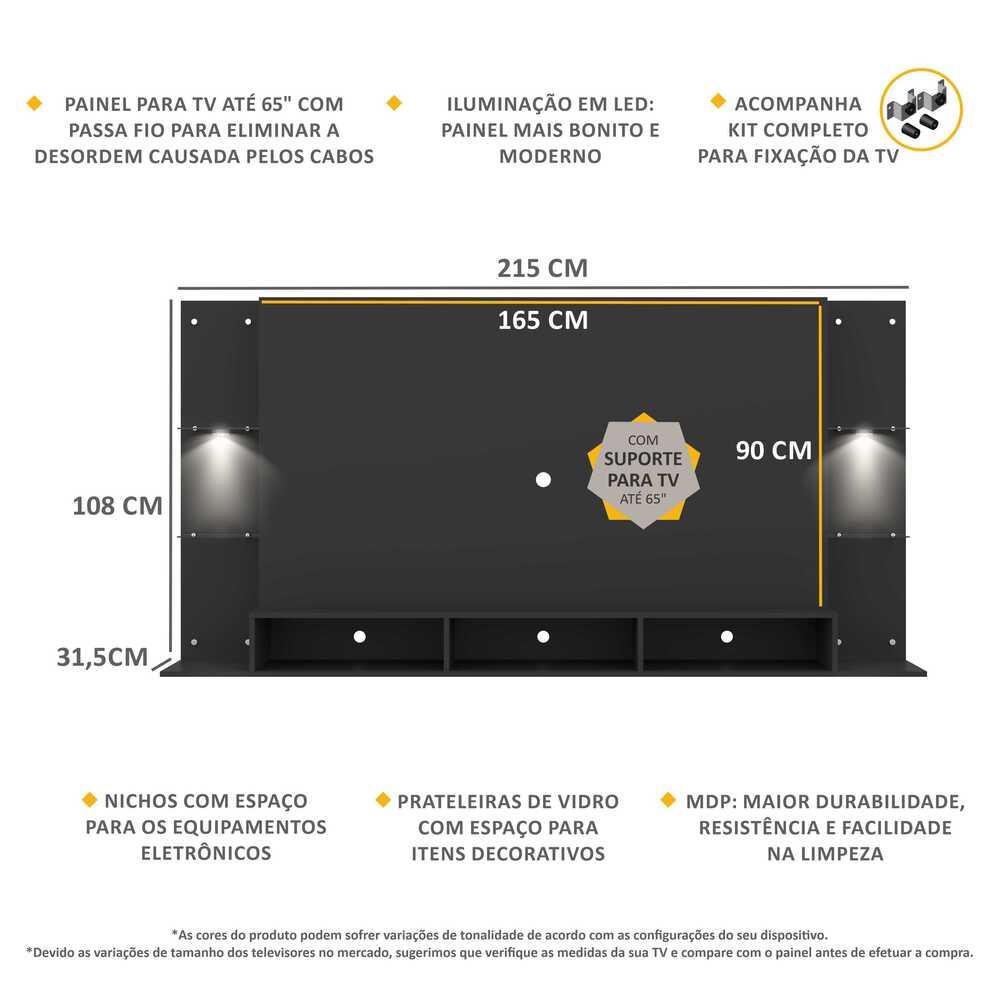 Painel com Suporte TV 65" e 2 Leds Vegas Premium Multimóveis Preto
