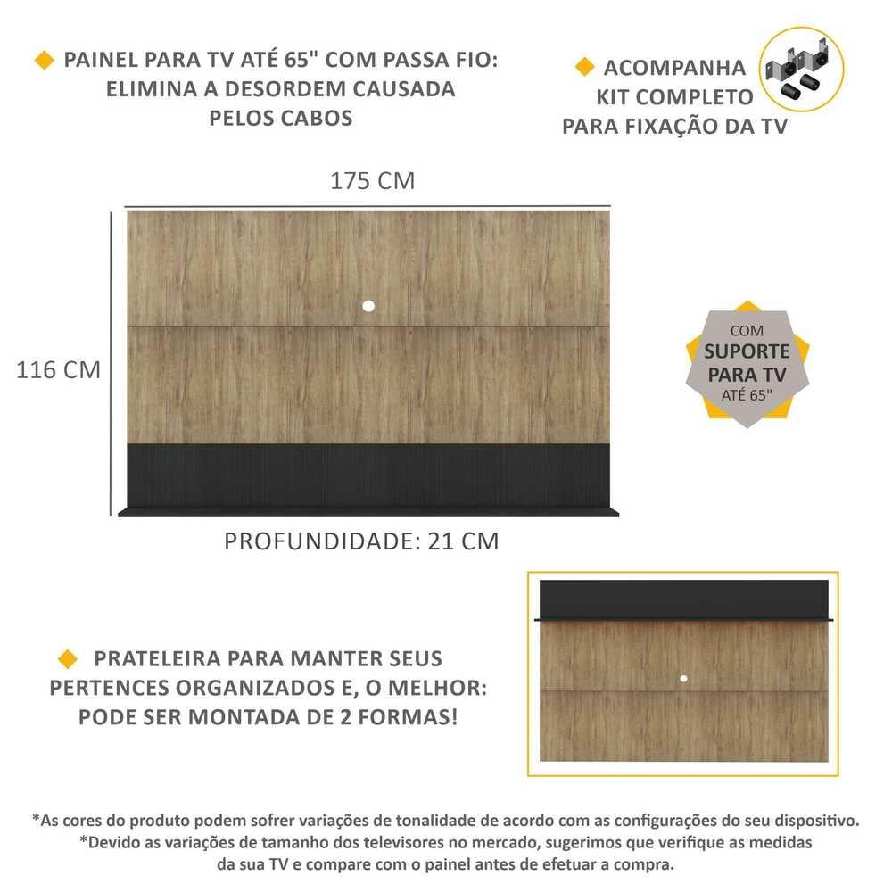 Painel com Suporte TV 65" e Prateleira Amsterdã Up Multimóveis Rustic/Preto
