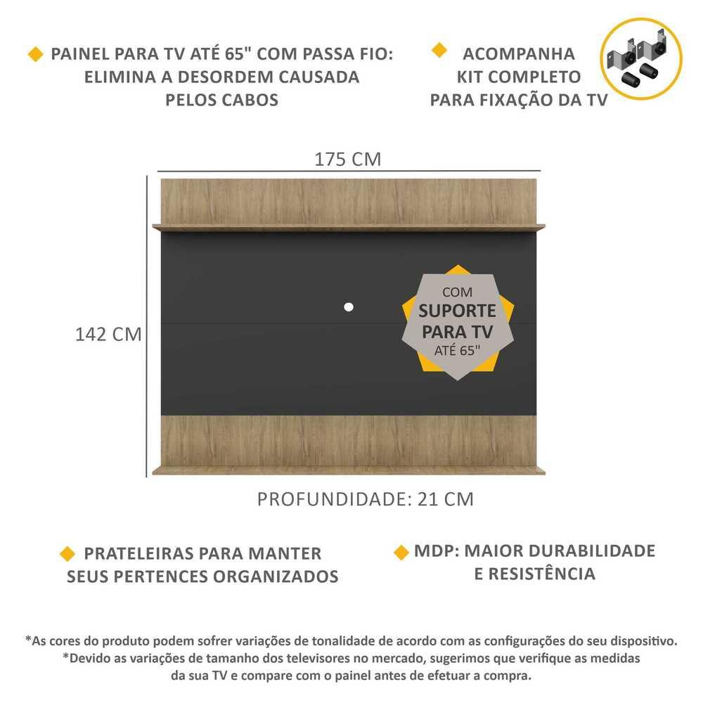 Painel com Suporte TV 65" e Prateleiras Amsterdã Classic Multimóveis Preto/Rustic