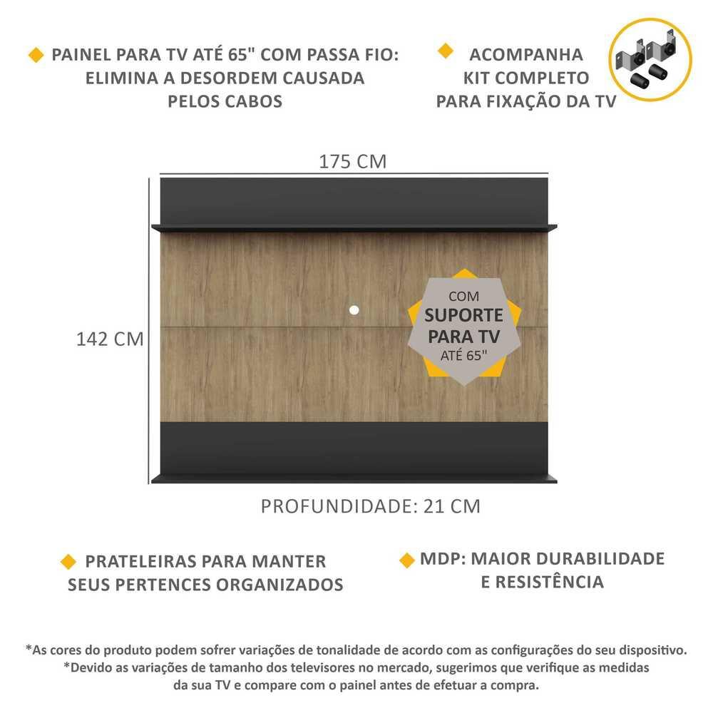 Painel com Suporte TV 65" e Prateleiras Amsterdã Classic Multimóveis Rustic/Preto