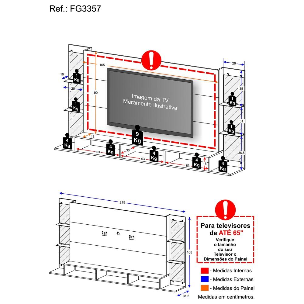 Painel com Suporte e Espelho para TV até 65" Multimóveis Nairobi Plus FG3357 Preto