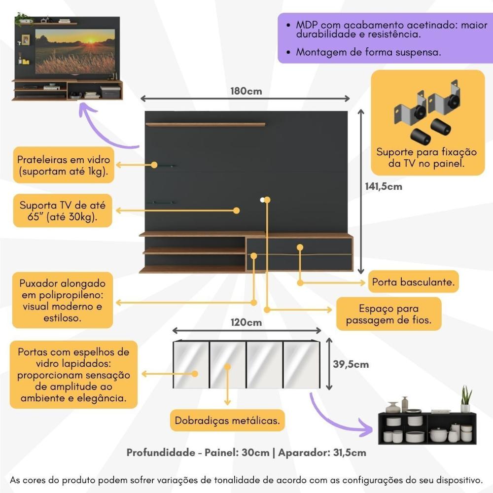 Painel com Suporte para TV até 65 Polegadas com Aparador 4 Portas com Espelho Multimóveis MP1089 Rustic/Preto