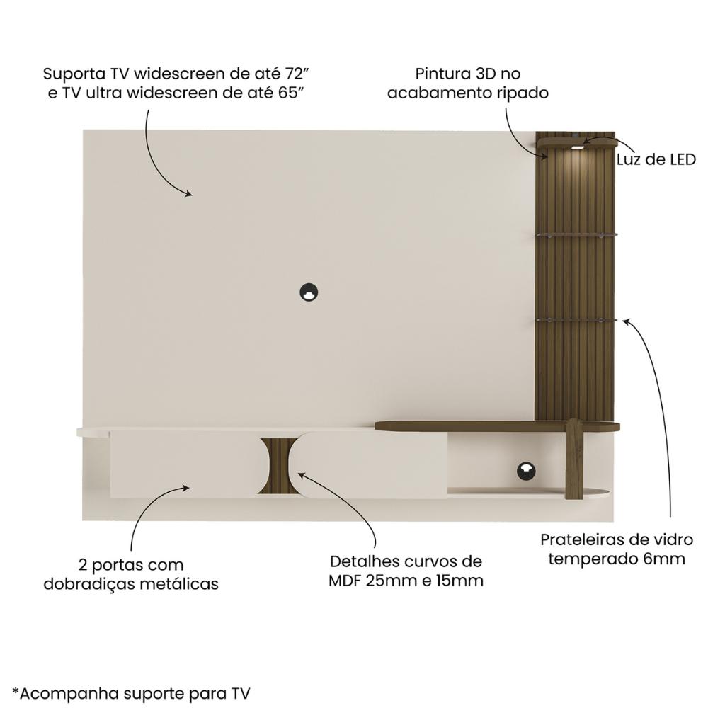 Painel com Suporte para TV até 72 Polegadas 2 Portas Multimóveis CR45318 Off White/Pinho Ripado