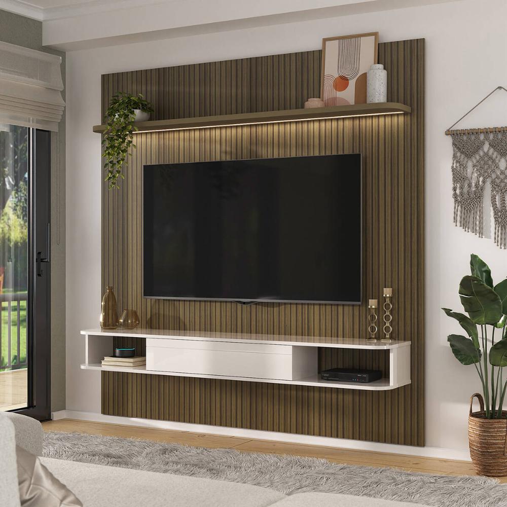 Painel com Suporte para TV até 75 Pol com LED Multimóveis CR45314 Pinho Ripado/Off White