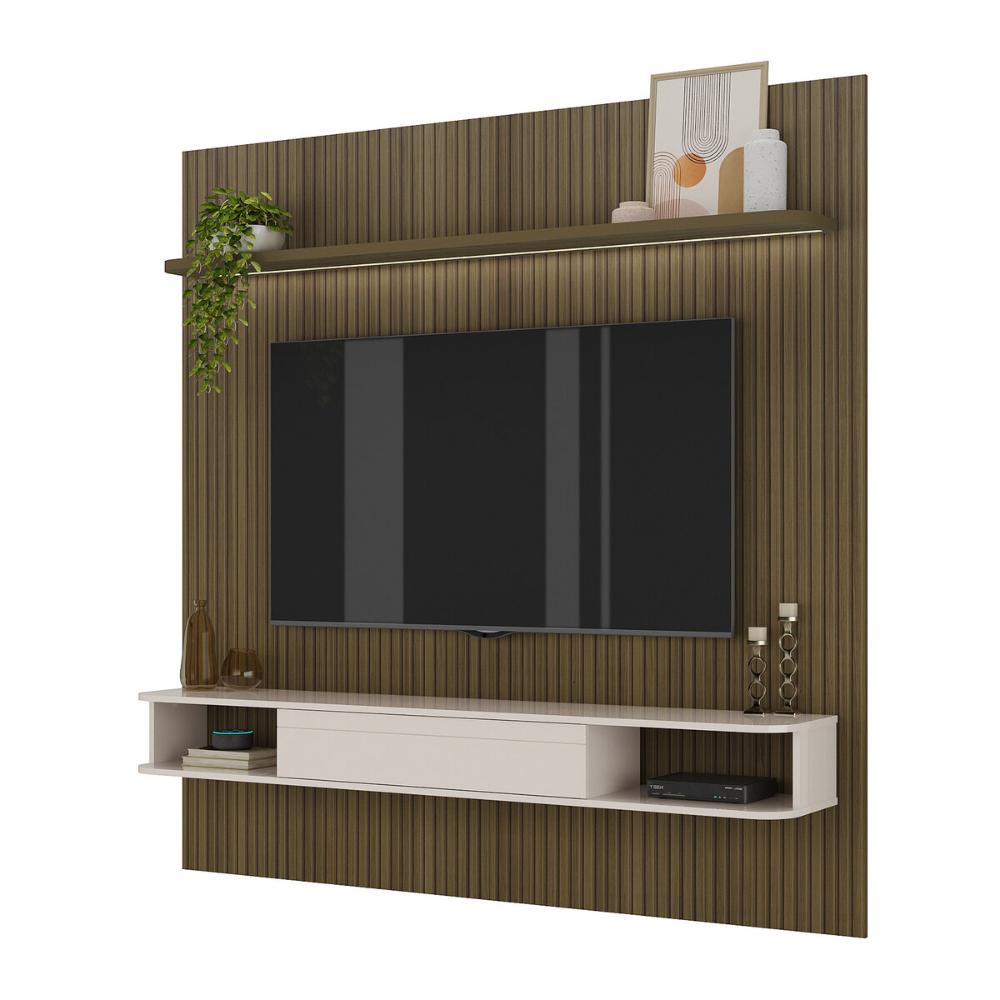 Painel com Suporte para TV até 75 Pol com LED Multimóveis CR45314 Pinho Ripado/Off White