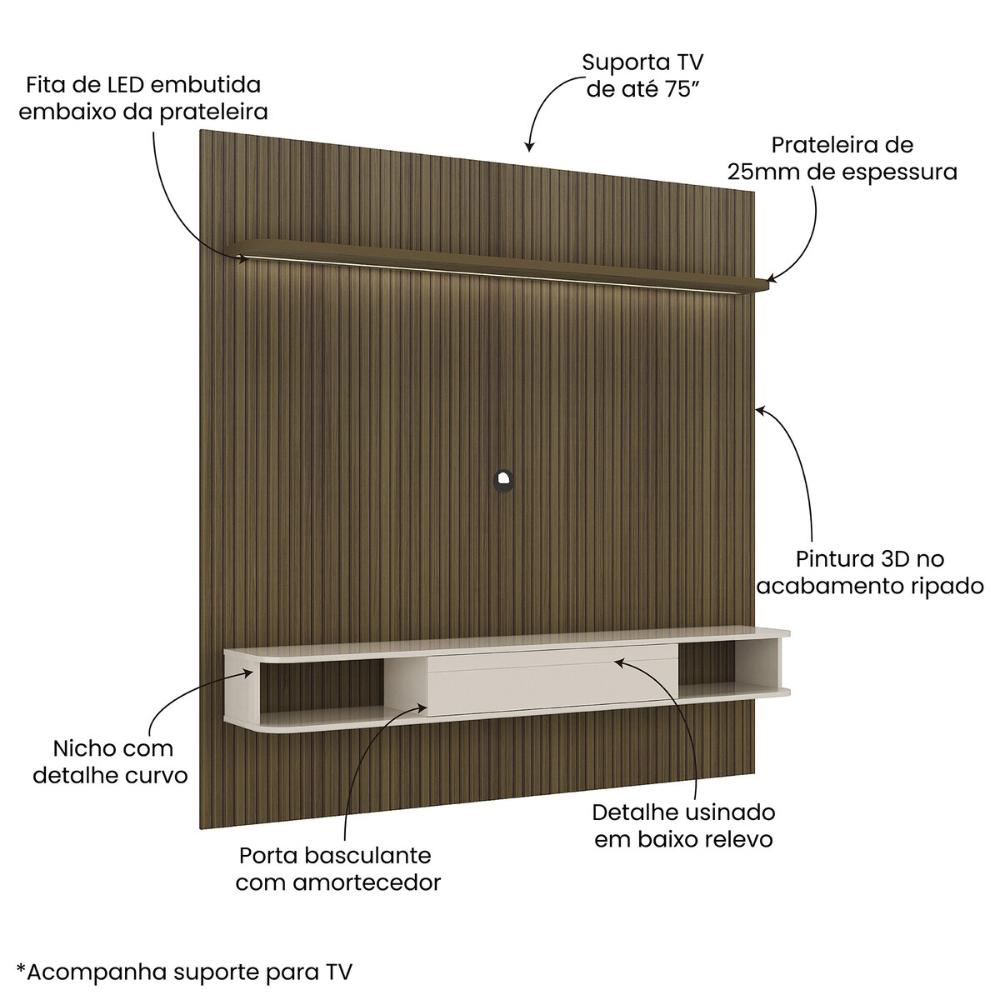 Painel com Suporte para TV até 75 Pol com LED Multimóveis CR45314 Pinho Ripado/Off White