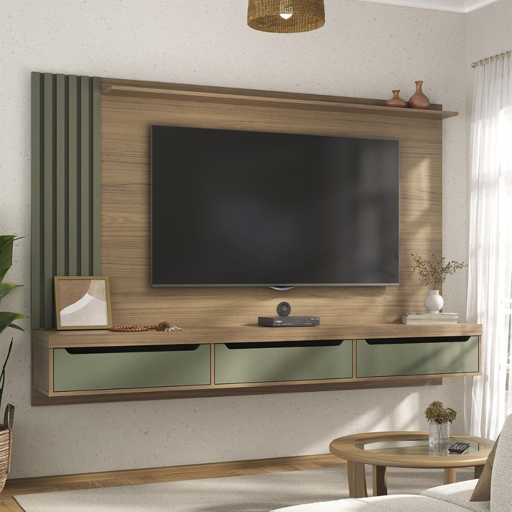 Painel com Suporte para TV até 75 Polegadas 3 Gavetas Multimóveis CR45317 Carvalho/Menta