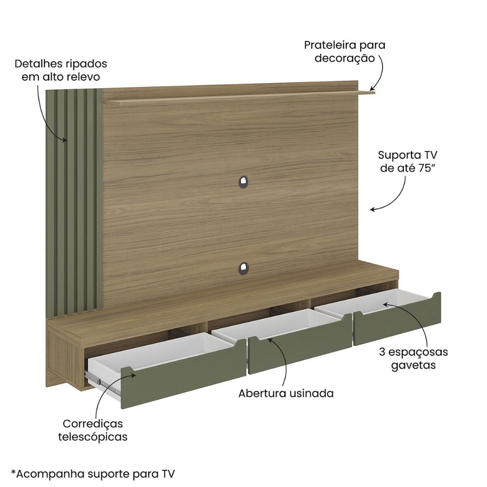 Painel com Suporte para TV até 75 Polegadas 3 Gavetas Multimóveis CR45317 Carvalho/Menta
